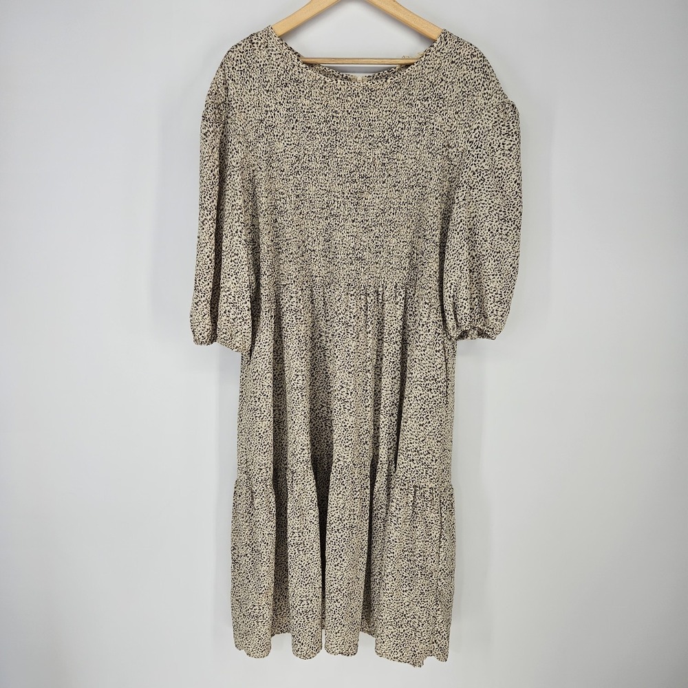 Grade &‎ Gather Midi Dress Womens Large Tan Black Animal Print Smocked Tiered
